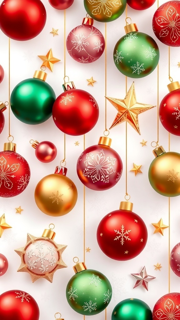 Colorful Christmas ornament wallpaper design with various shapes and festive colors on a snowy white background.